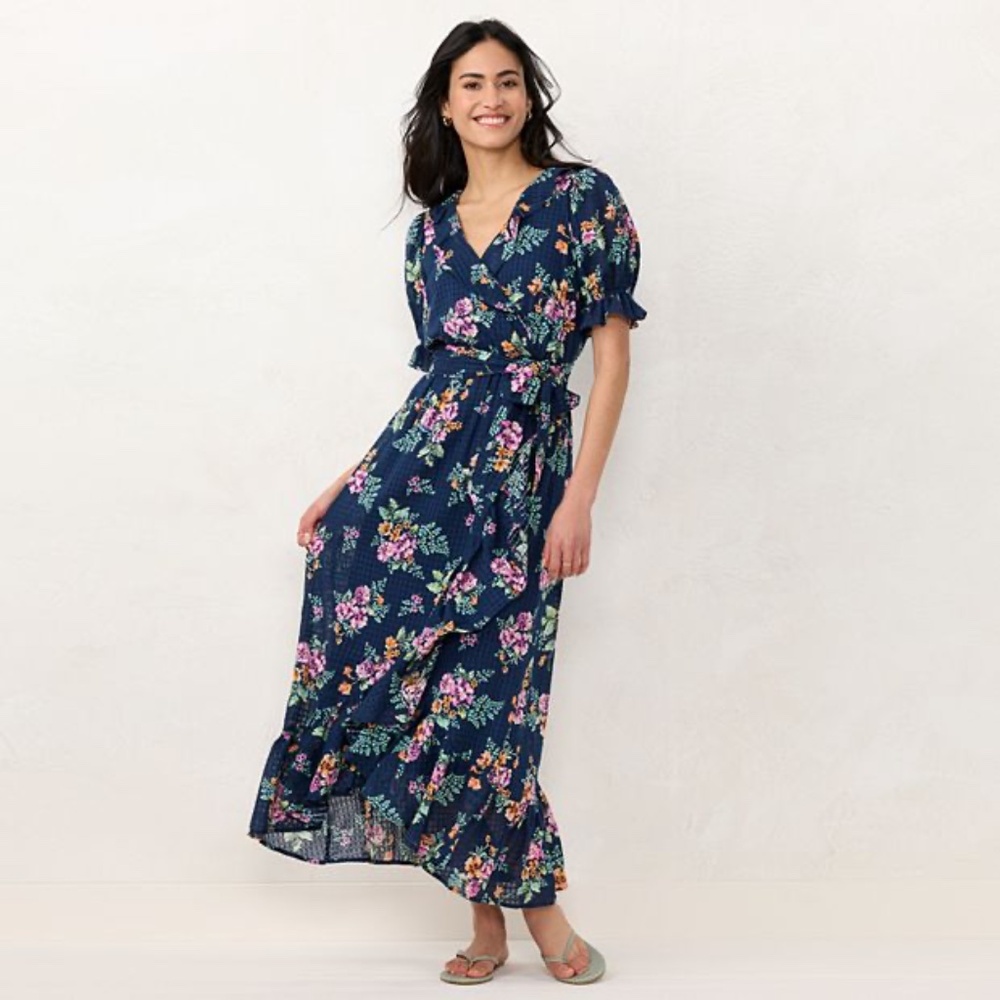 NWT 4X Lauren Conrad Ruffled Wrap Maxi Dress; Plus Size Women's 4X 28 28W Floral